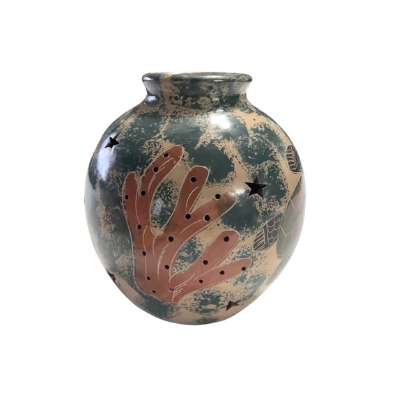 Votive Candle Holder Costa Rica Pottery Hand Carved Cut Away Design Butterfly - Picture 4 of 8